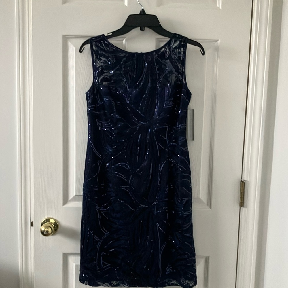 Tahari Navy blue sequined cocktail dress brand new with tags never worn